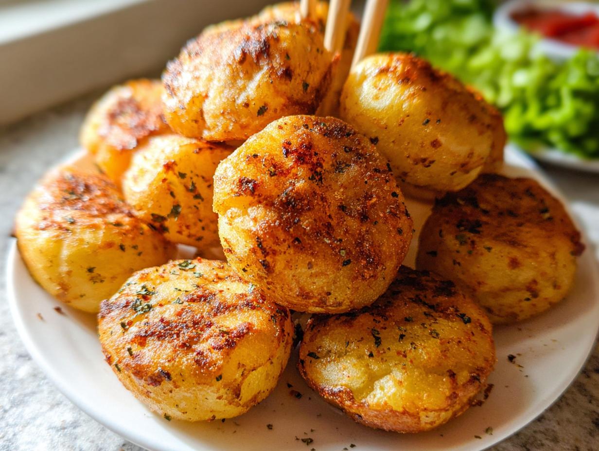 Nahaufnahme von goldbraunen, gewürzten Air Fryer Potato Pops, die auf einem weißen Teller gestapelt sind.