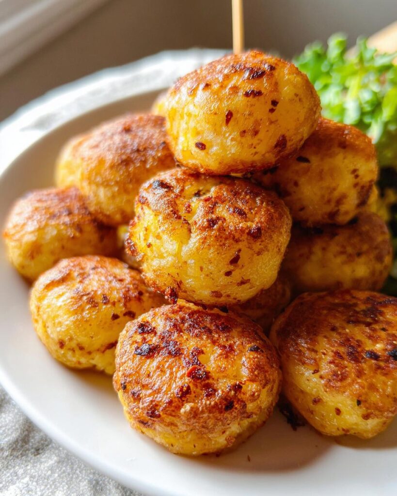 Nahaufnahme von goldbraunen, knusprigen Air Fryer Potato Pops, gestapelt auf einem weißen Teller.
