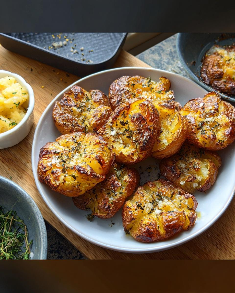 Teller voller knuspriger, goldbrauner Air Fryer Smashed Potatoes, bestreut mit Kräutern und Salz.