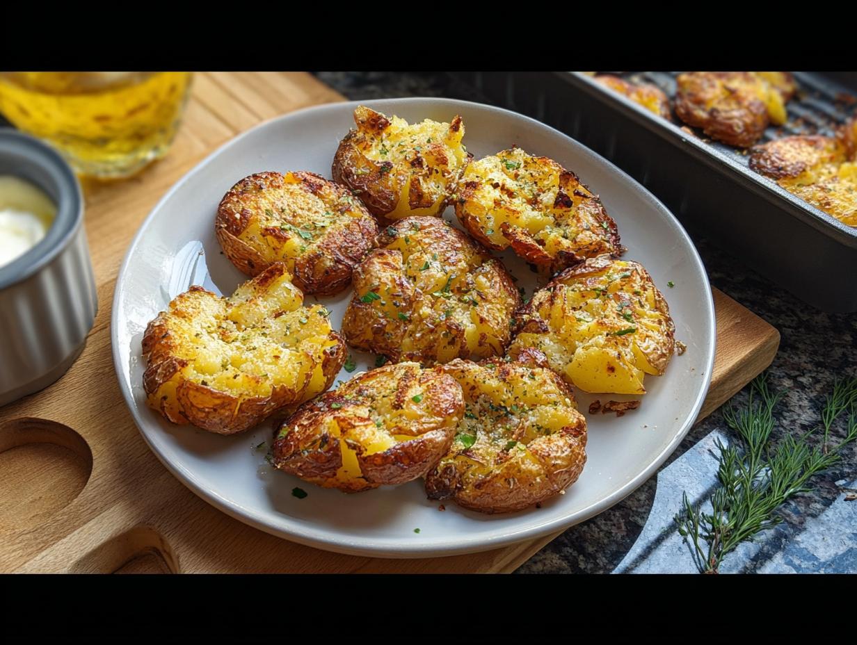 Teller mit knusprigen, zerdrückten Air Fryer Smashed Potatoes, bestreut mit Kräutern.