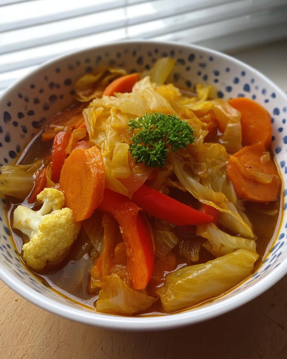 Nahaufnahme einer Schüssel mit Asiatische Kohlsuppe zum Abnehmen, gefüllt mit Kohl, Karotten und Paprika.