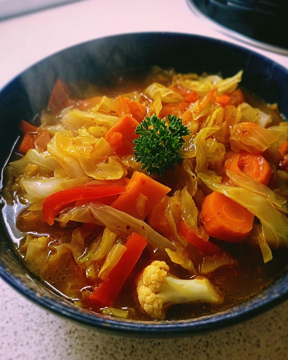 Nahaufnahme einer dampfenden Schüssel Asiatische Kohlsuppe zum Abnehmen mit viel Gemüse wie Kohl, Karotten und Paprika.