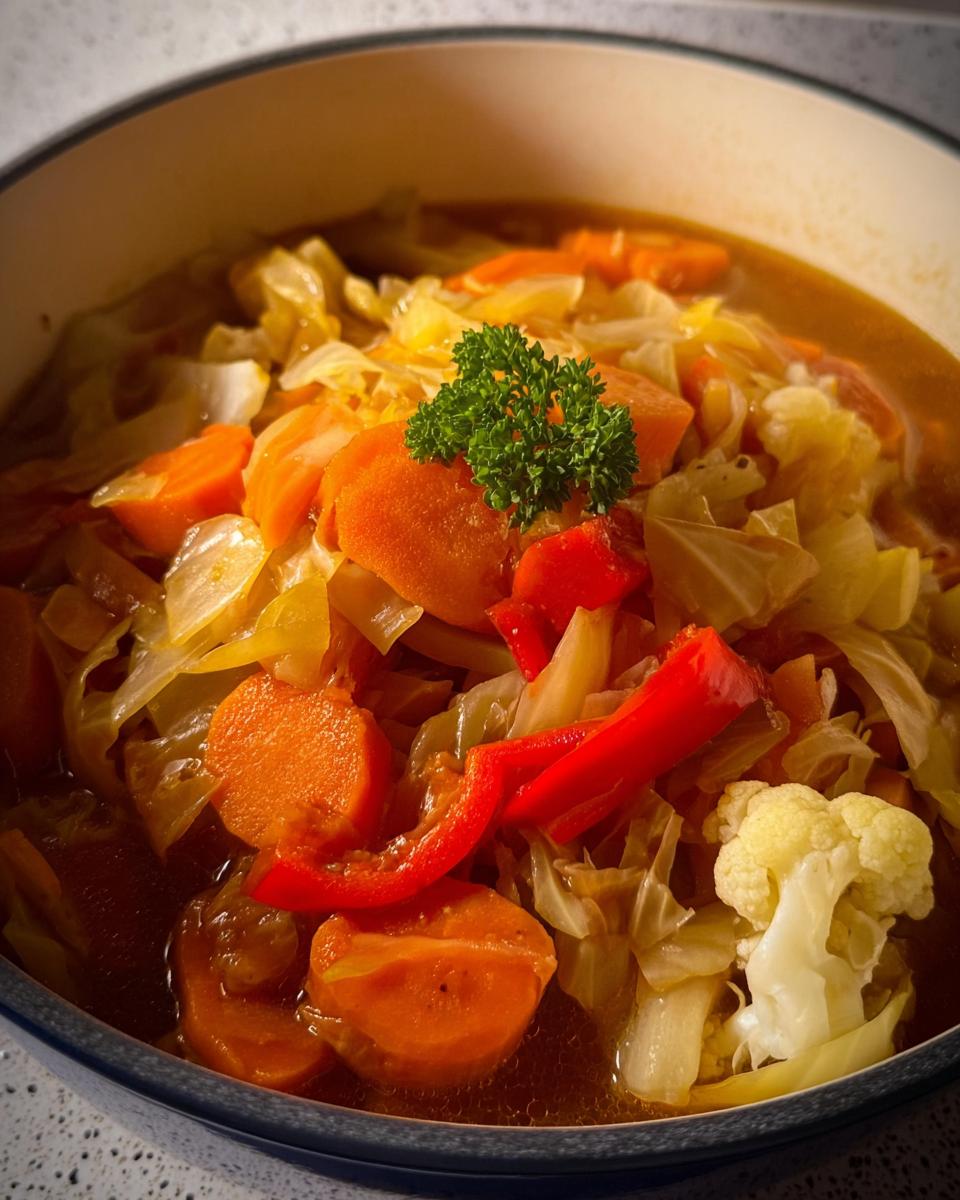 Nahaufnahme einer dampfenden Asiatische Kohlsuppe zum Abnehmen mit Karotten, Paprika und Blumenkohl.