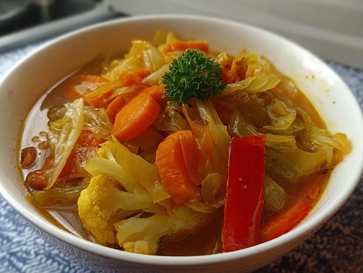 Nahaufnahme einer Schüssel mit Asiatische Kohlsuppe zum Abnehmen, gefüllt mit Kohl, Karotten und roter Paprika.