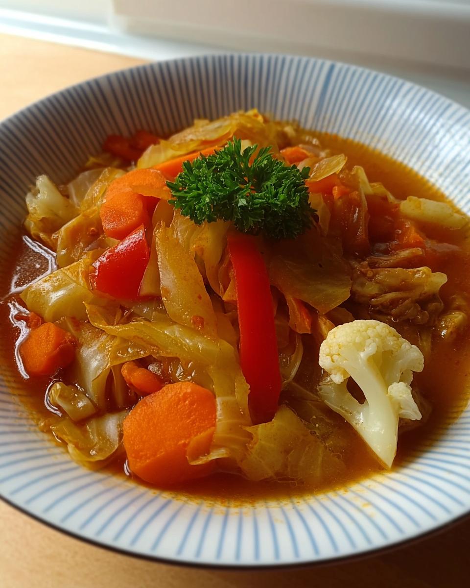 Nahaufnahme einer Schüssel mit Asiatische Kohlsuppe zum Abnehmen, gefüllt mit Kohl, Karotten und Paprika.