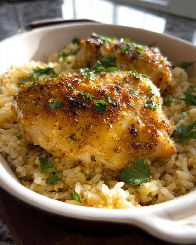 Two golden-brown Baked Dijon Chicken Thighs with Rice, garnished with fresh parsley in a white dish.