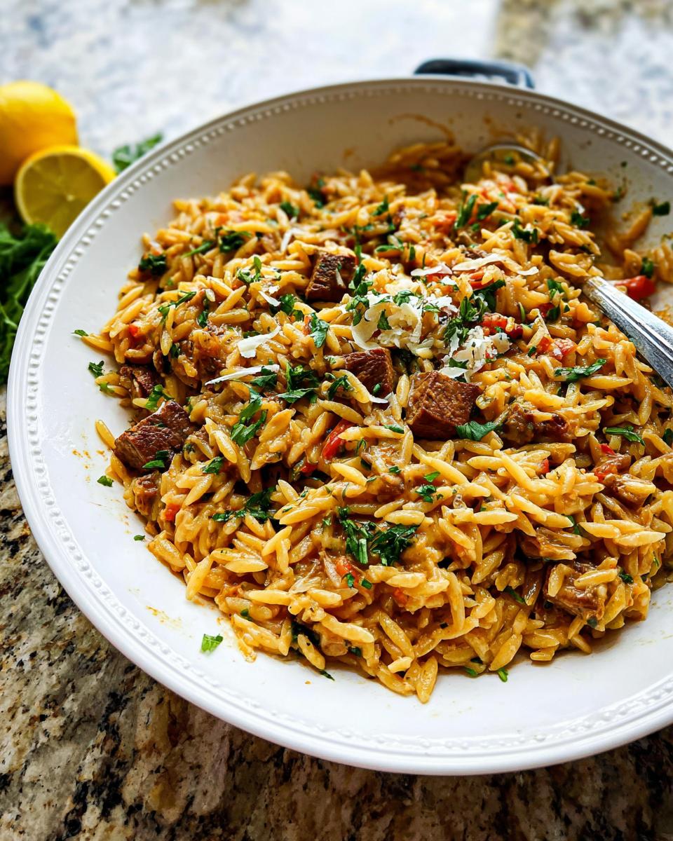 Nahaufnahme des Bestes Orzo-Abendessen mit Fleischstücken, Petersilie und geriebenem Käse in einer weißen Schüssel.
