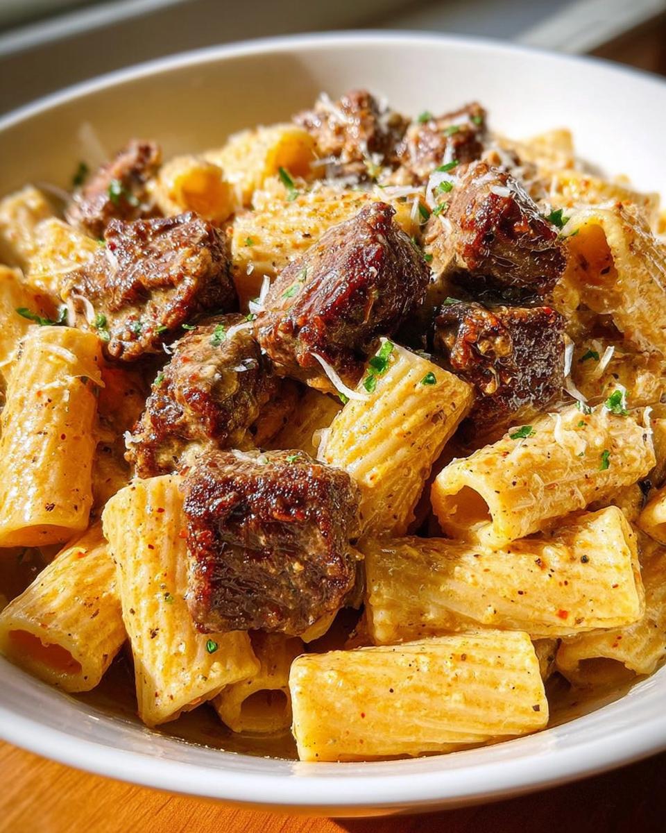 Nahaufnahme von Cajun-Steakspitzen in cremiger Rigatoni-Parmesan-Sauce, bestreut mit Parmesan und Petersilie.