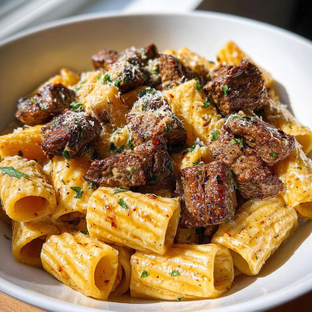Nahaufnahme von Cajun-Steakspitzen in cremiger Rigatoni-Parmesan-Sauce, bestreut mit Parmesan und Petersilie.
