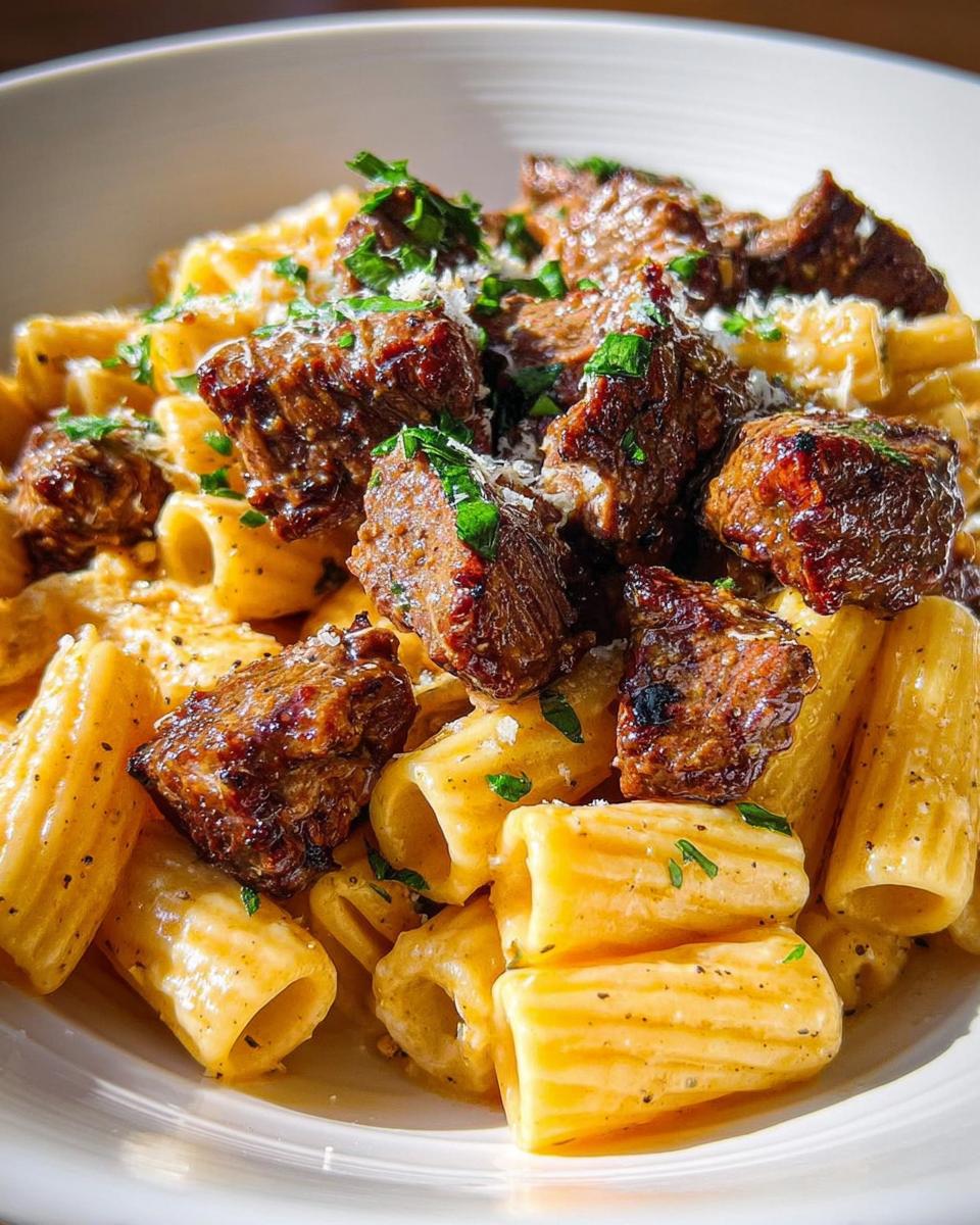 Nahaufnahme von Cajun-Steakspitzen in cremiger Rigatoni-Parmesan-Sauce, garniert mit Petersilie.