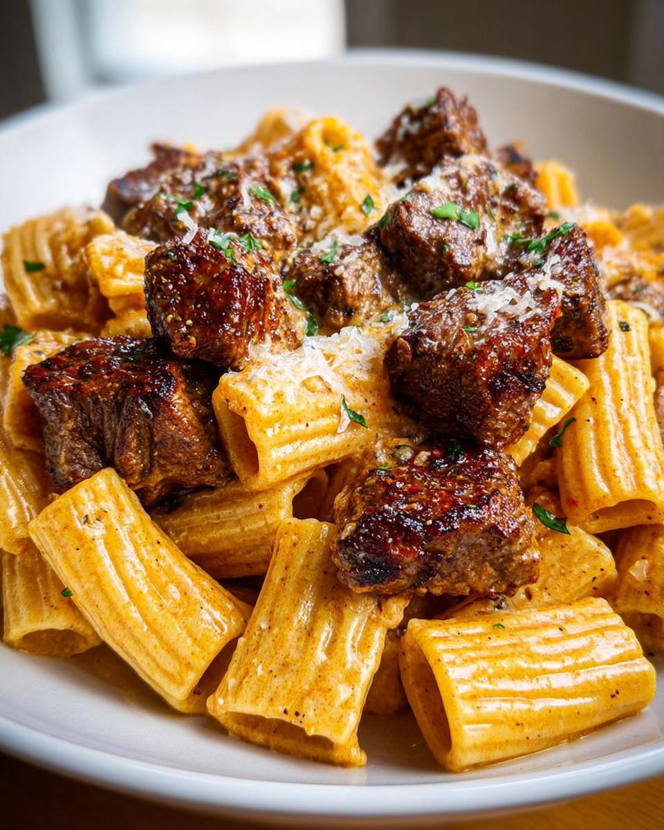 Nahaufnahme von Cajun-Steakspitzen in cremiger Rigatoni-Parmesan-Sauce, garniert mit Parmesan.