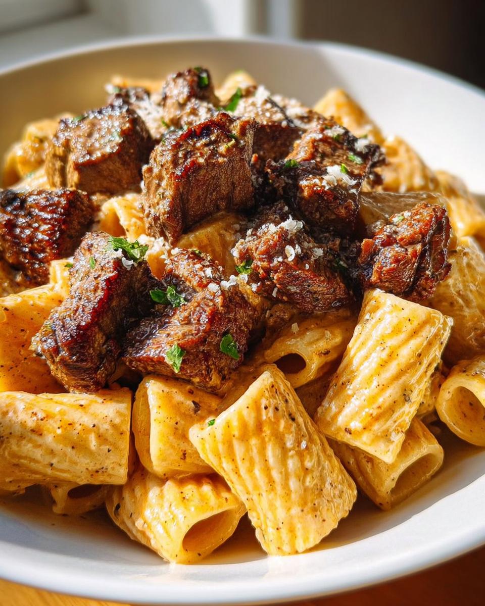 Nahaufnahme von Cajun-Steakspitzen in cremiger Rigatoni-Parmesan-Sauce, garniert mit Parmesan.