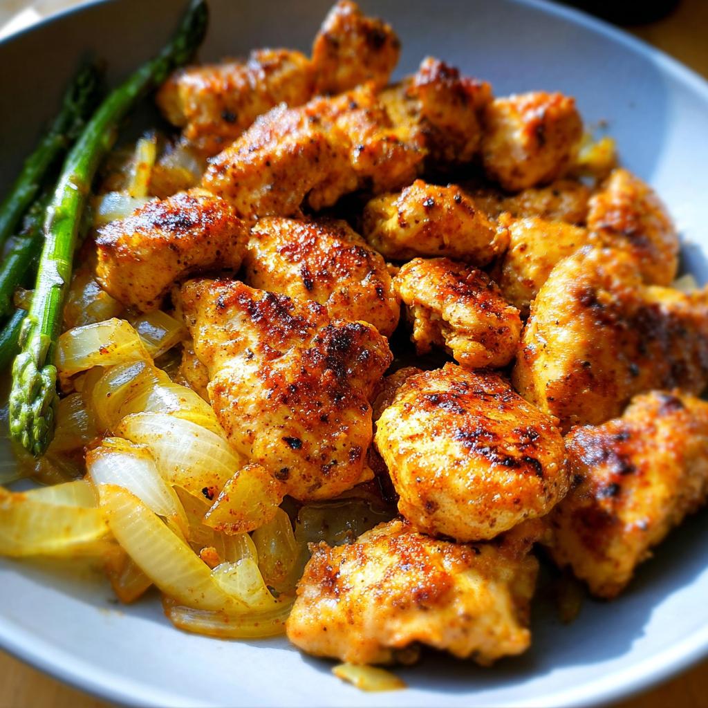 Nahaufnahme von gebratenen, gewürzten Hähnchenstücken mit sautierten Zwiebeln und Spargel – Teil des einfachen Hähnchen Rezept.