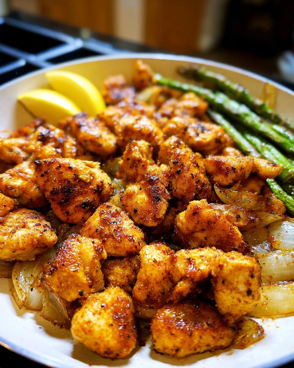 Gebratene Hähnchenstücke mit Zwiebeln, grünem Spargel und Zitronenspalten – ein Einfaches Hähnchen Rezept.