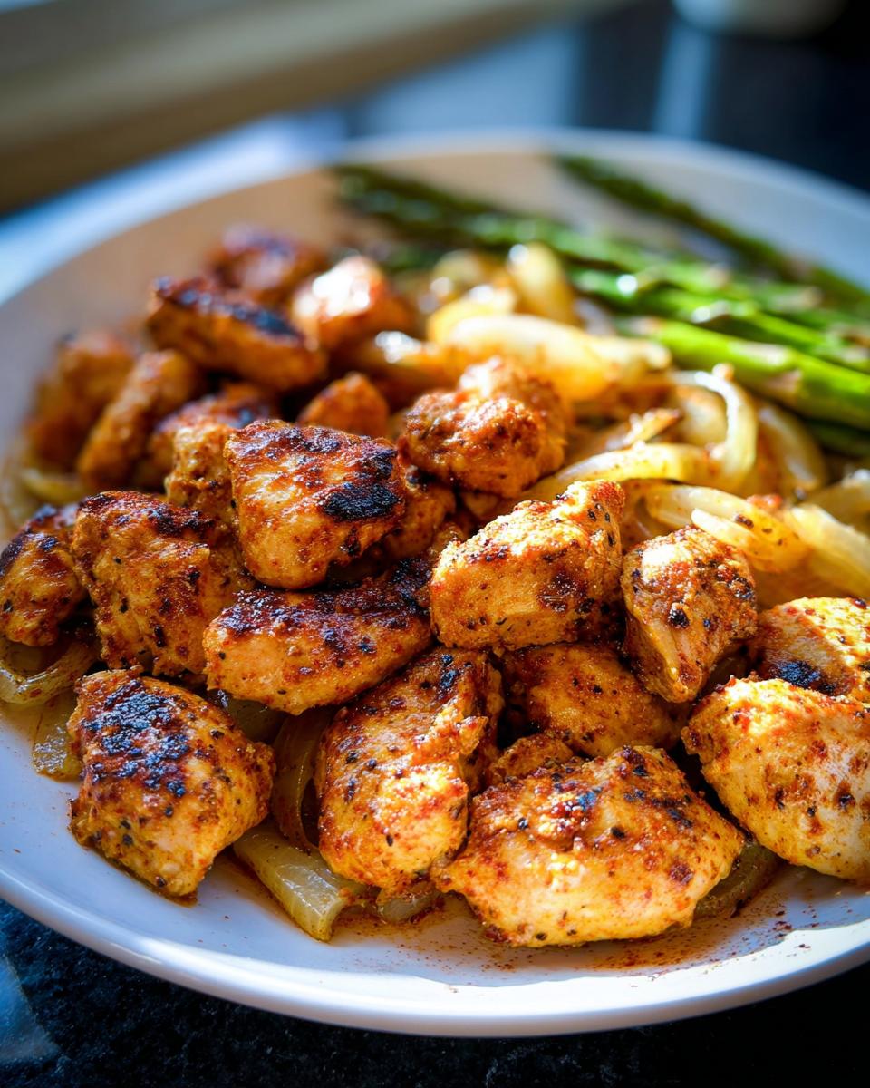 Gebratene, gewürzte Hähnchenstücke auf Zwiebeln mit grünem Spargel – ein schnelles Einfaches Hähnchen Rezept.