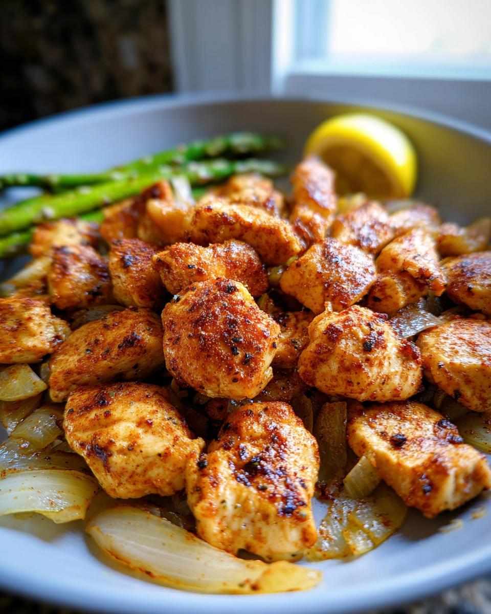 Gebratene, gewürzte Hähnchenstücke auf sautierten Zwiebeln, Teil des Einfaches Hähnchen Rezept.