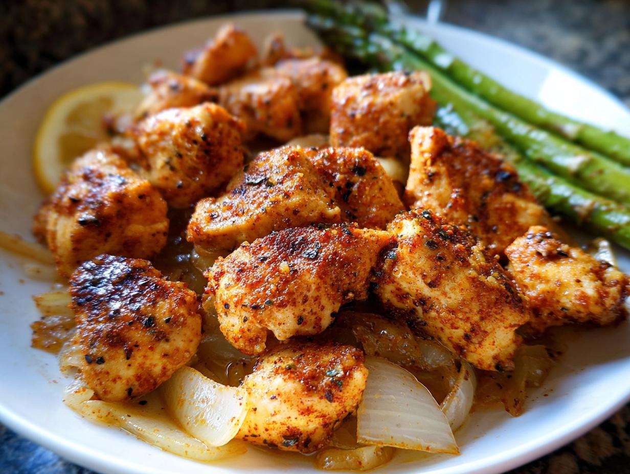 Gebratene, würzige Hähnchenstücke auf Zwiebeln, serviert mit Spargel – ein schnelles Einfaches Hähnchen Rezept.