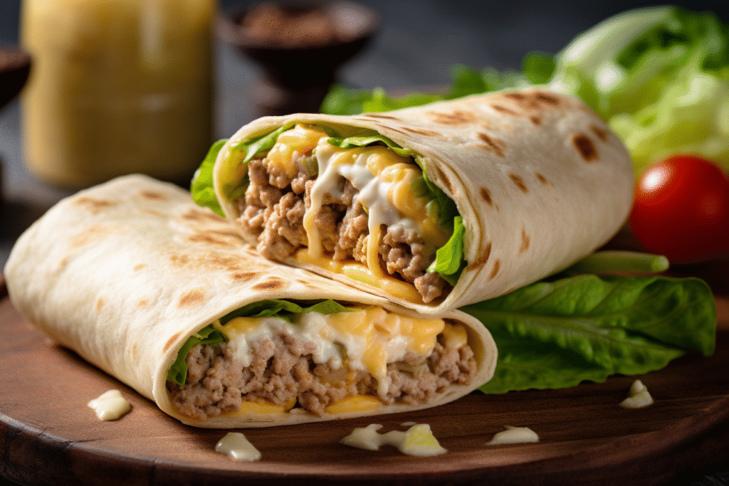 „Nahaufnahme eines halbierten Turkey Cheeseburger Tortilla Wraps auf einem Holzbrett. Der Wrap ist gefüllt mit saftigem Putenhackfleisch, geschmolzenem Cheddar-Käse, cremiger Soße und frischem grünen Salat. Im Hintergrund frische Zutaten wie Tomaten und Salatblätter, alles in einem warmen, appetitlichen Licht präsentiert.“