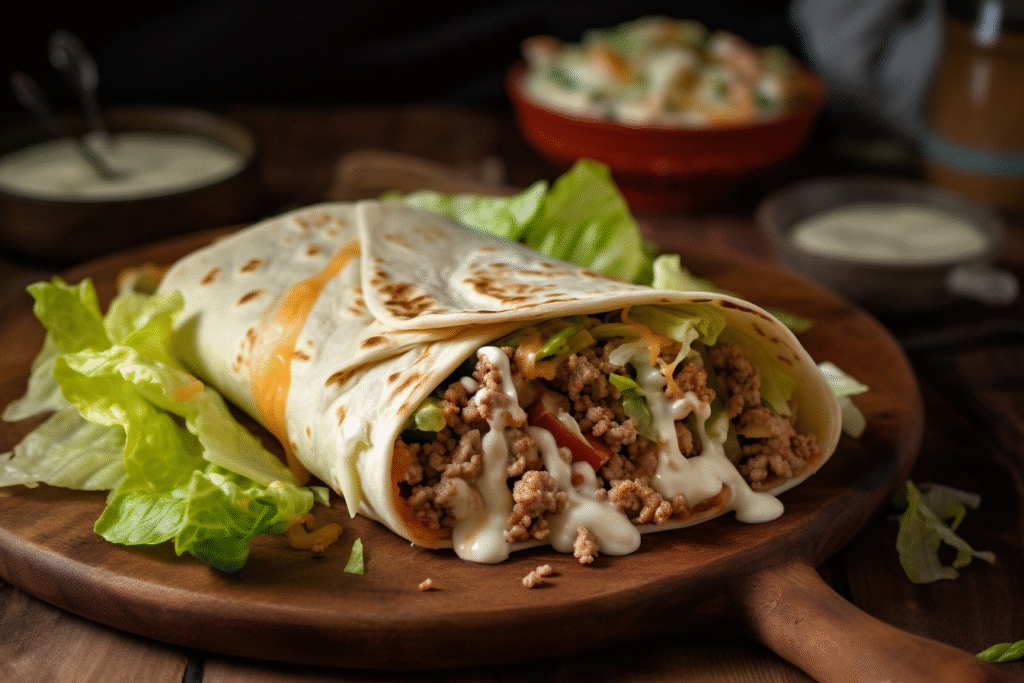Close-up of a Turkey Cheeseburger Tortilla Wrap filled with seasoned ground turkey, melted cheese, shredded lettuce, and creamy sauce on a wooden board