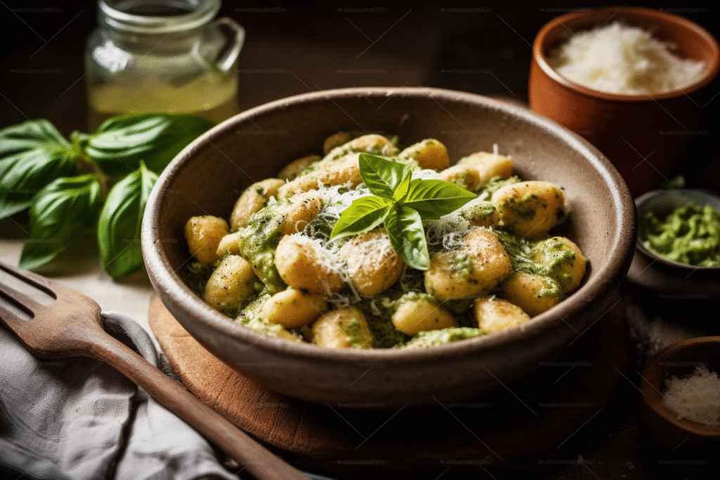 One-Pot Creamy Pesto Gnocchi served in a rustic bowl with basil and parmesan