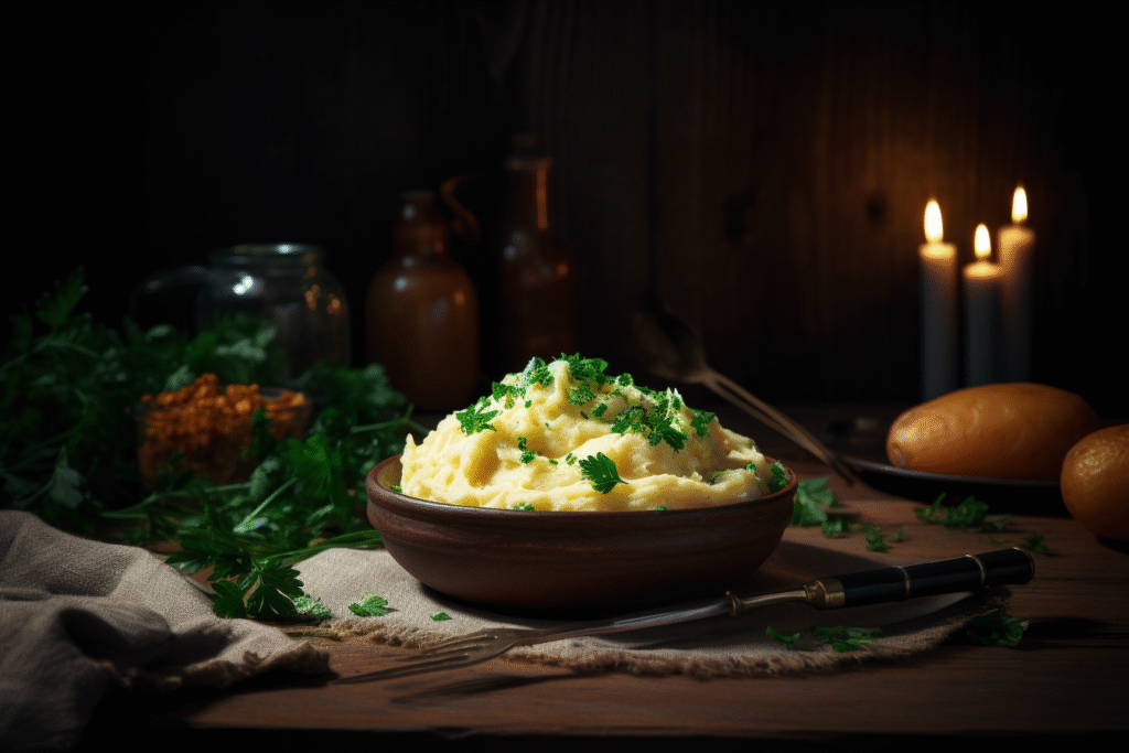 Ultra-smooth mashed potatoes topped with parsley in a rustic bowl on a wooden table