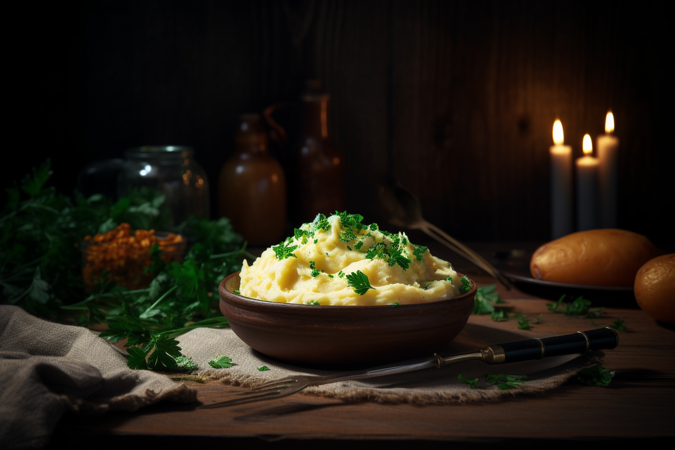 Ultra-smooth mashed potatoes topped with parsley in a rustic bowl on a wooden table