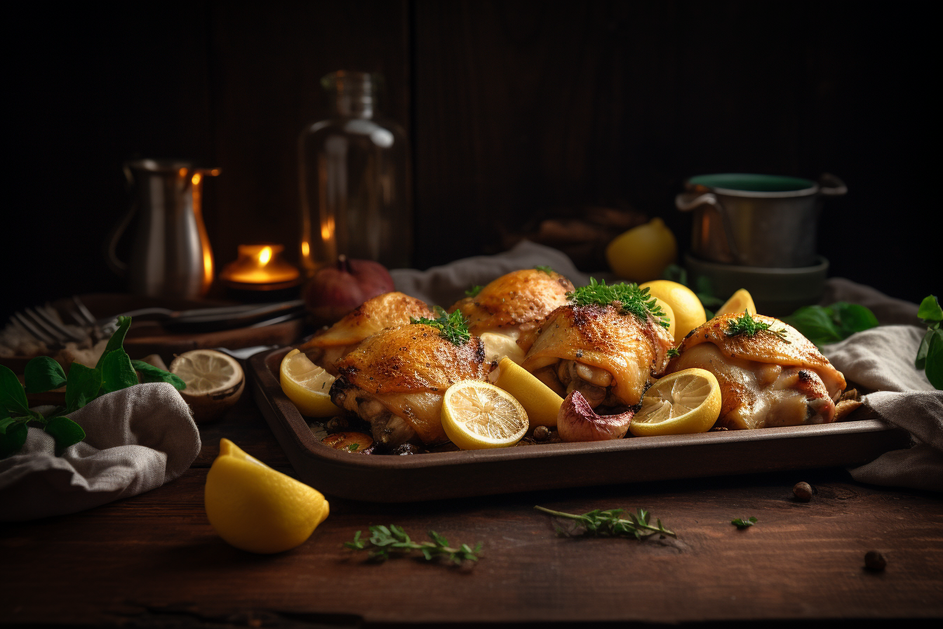 Golden roasted sheet pan chicken thighs with lemon and herbs