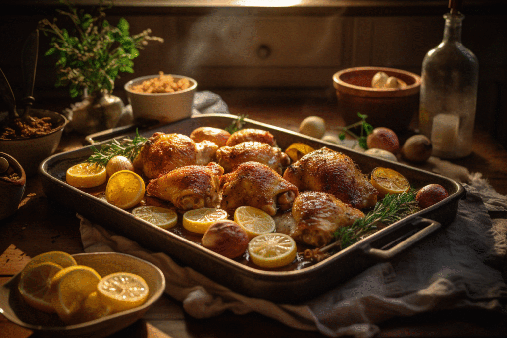 Roasted sheet pan chicken with lemon slices and herbs in cozy kitchen setting
