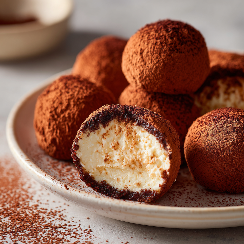 Tiramisu-Kugeln aus Löffelbiskuits, in Kakaopulver gewälzt, auf einem Teller angerichtet; im Vordergrund eine halbierte Kugel mit cremiger Mascarpone-Füllung.
