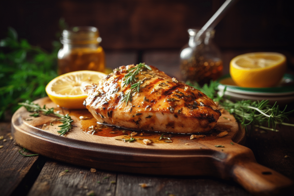 Grilled chicken breast with golden mustard glaze and fresh herbs on wooden board