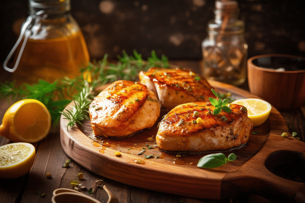 Three grilled chicken breasts with golden-brown mustard glaze on a rustic wooden board, garnished with herbs and lemon slices