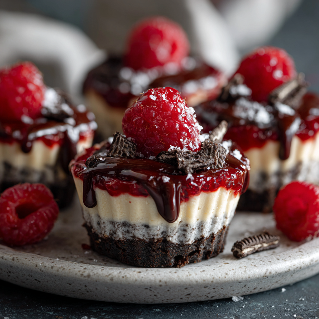 Mini Oreo-Himbeer-Cheesecake-Cup ohne Backen, mit Oreo-Keksboden, heller Cheesecake-Creme, Himbeerschicht, Schokoladensauce und frischer Himbeere als Topping.