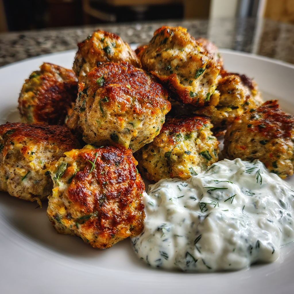 Golden-brown herb chicken meatballs served on a white plate with a creamy yogurt and dill dip.
