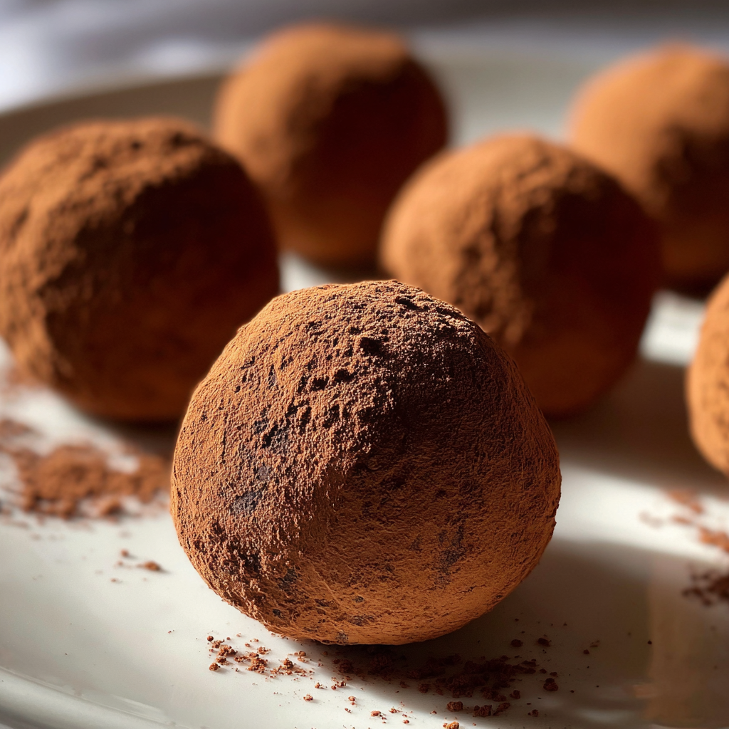 Schokoladentrüffel, in dunklem Kakaopulver gewälzt, auf einem Teller angerichtet, mit weicher Lichtführung und sichtbarer Kakaostruktur.