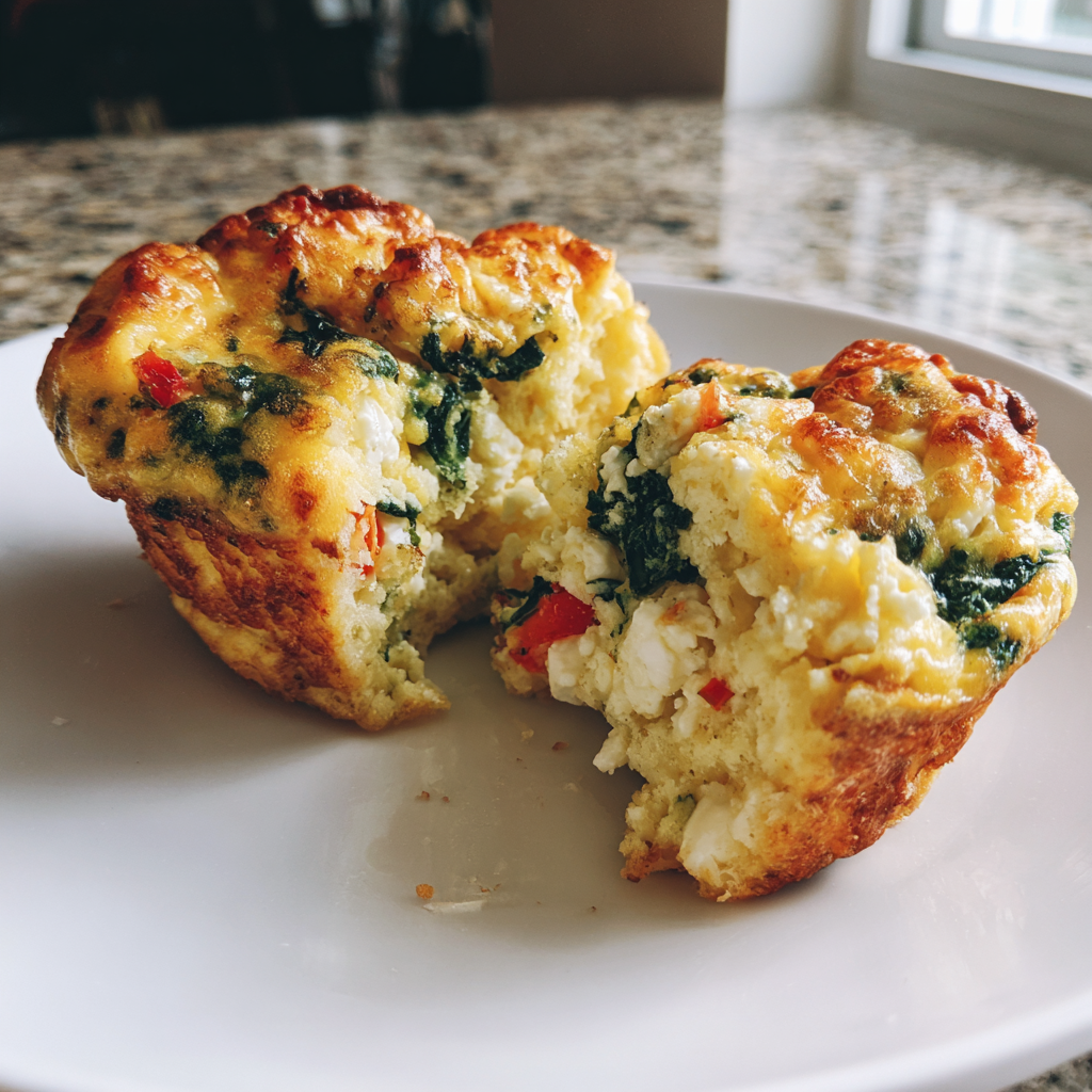 Aufgeschnittener Rührei-Muffin mit Spinat, roter Paprika und Feta auf einem weißen Teller, der die fluffige, proteinreiche Innenstruktur zeigt.