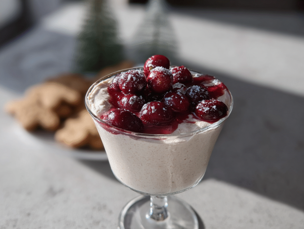 Winterliche Zimt-Vanille-Mousse in einem Dessertglas, getoppt mit glänzenden Sauerkirschen und leicht bestäubt mit Puderzucker, serviert in weichem Winterlicht.