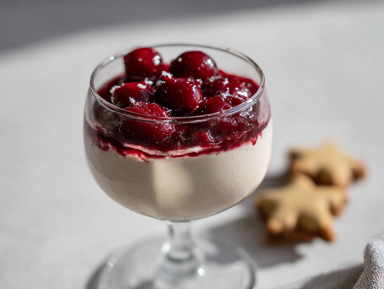 Winterliche Zimt-Vanille-Mousse im Dessertglas, getoppt mit glänzenden Sauerkirschen und serviert neben zwei weihnachtlichen Zimtsternen auf hellem Untergrund.