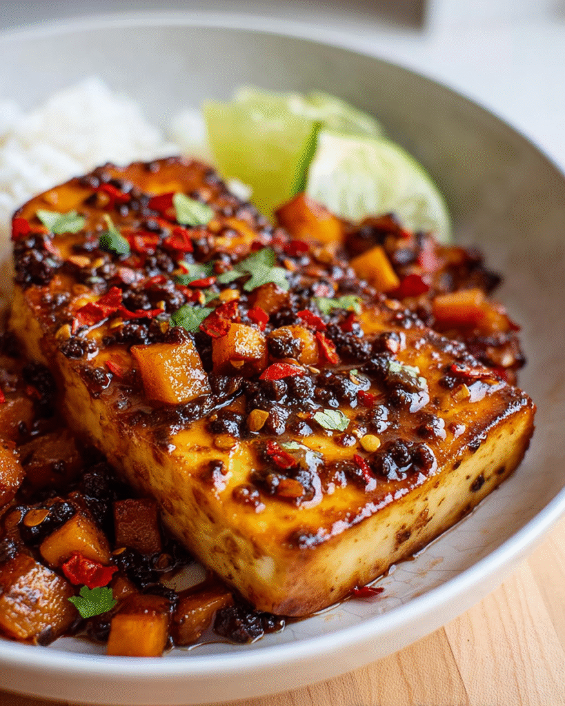 Ein goldbraun angebratenes Tofu-Steak, bedeckt mit einer würzigen Chili-Limetten-Marinade, schwarzen fermentierten Bohnen, roten Chilistückchen und gewürfeltem Gemüse; serviert in einer Schüssel mit Reis und Limettenspalten.
