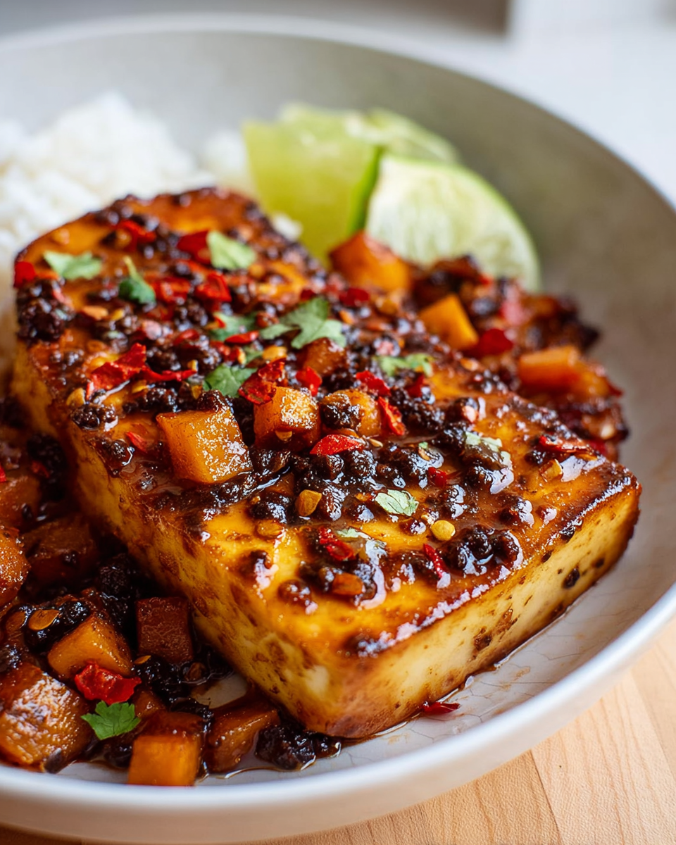 Ein goldbraun angebratenes Tofu-Steak, bedeckt mit einer würzigen Chili-Limetten-Marinade, schwarzen fermentierten Bohnen, roten Chilistückchen und gewürfeltem Gemüse; serviert in einer Schüssel mit Reis und Limettenspalten.