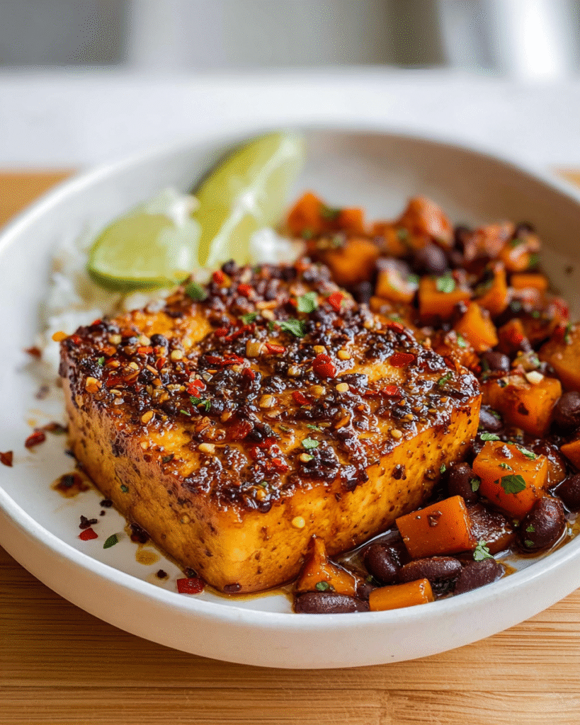 A thick, golden-braised tofu steak coated in a glossy chili-garlic sauce, topped with crushed red pepper, minced aromatics, and herbs. The tofu sits in a pool of spicy, caramelized sauce alongside tender black beans and orange vegetable cubes. In the background, a scoop of white rice and fresh lime wedges complete the dish.