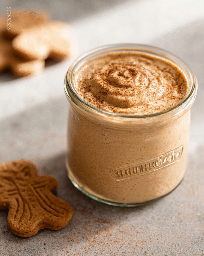 Ein Glas mit cremiger Spekulatius-Mousse, oben mit Zimt bestäubt, steht auf einer hellen Oberfläche; daneben liegen zwei Spekulatius-Kekse.
