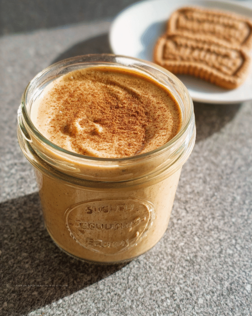 Glas mit cremiger Weihnachts-Spekulatius-Creme, bestäubt mit Zimt, serviert auf grauer Arbeitsfläche; im Hintergrund liegen zwei Spekulatiuskekse auf einem weißen Teller.