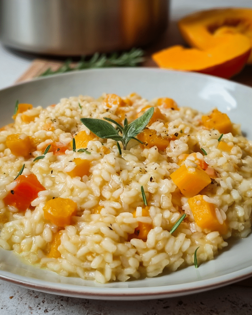 Ein cremiges Butternut-Kürbis-Risotto in einem hellen Teller, angereichert mit zarten Kürbiswürfeln, frischen Kräutern wie Rosmarin und Salbei, serviert vor einem Kürbisstück und einem Kochtopf im Hintergrund.