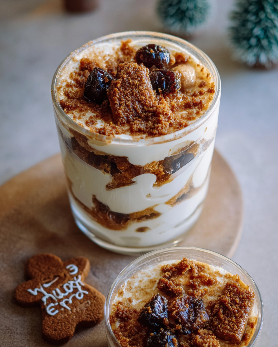 Winterliches Schichtdessert im Glas mit cremiger Füllung, zerbröselten Spekulatius-Keksen und karamellisierten Früchten, festlich dekoriert.