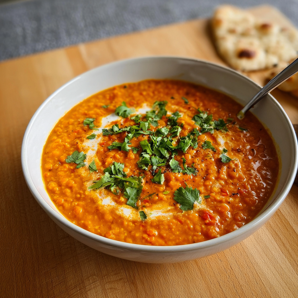 Schüssel mit cremiger roter Linsensuppe, garniert mit frischer Petersilie und einem Schuss Sahne, serviert mit Fladenbrot im Hintergrund.