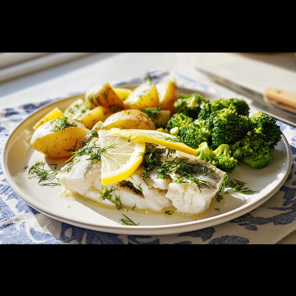 Gedämpfter Zitronen-Dill-Kabeljau mit Kartoffeln und Brokkoli auf einem Teller, garniert mit frischem Dill und Zitronenscheiben.