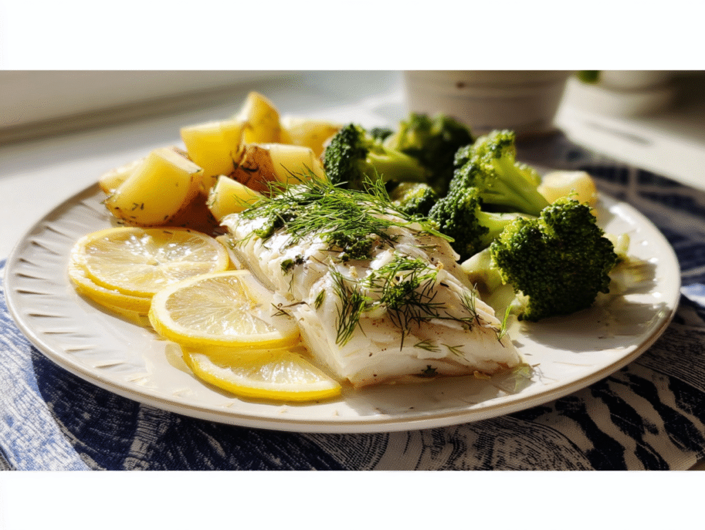 Zitronen-Dill-Kabeljau auf einem Teller, serviert mit Kartoffeln und Brokkoli unter natürlichem Tageslicht.