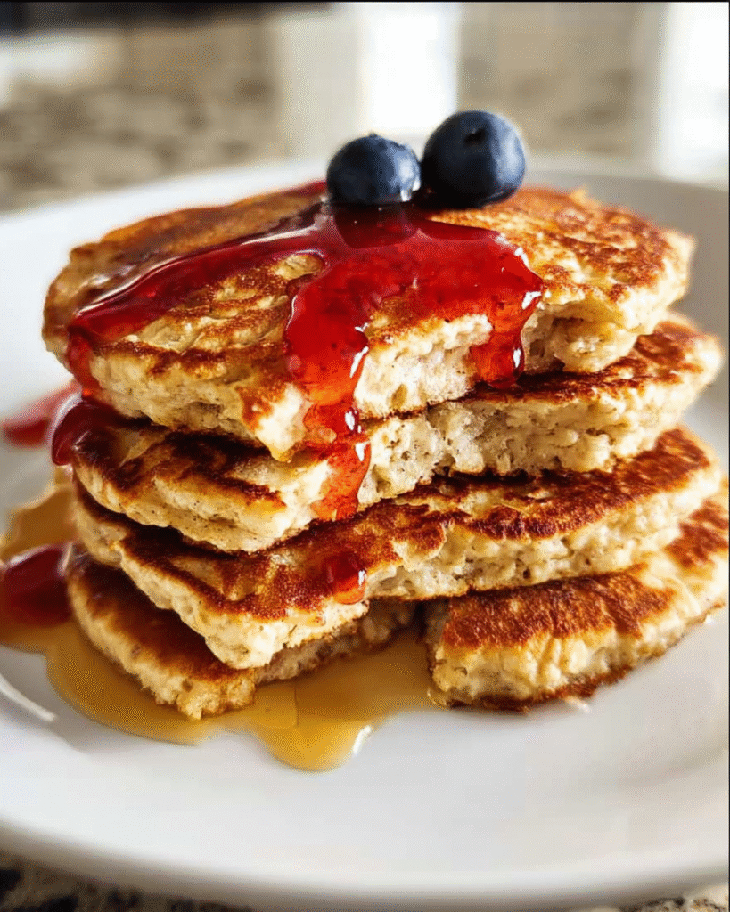 „Ein Stapel goldbraun gebratener Pancakes auf einem weißen Teller, garniert mit zwei frischen Blaubeeren und übergossen mit rotem Fruchtsirup und Honig, der an den Seiten herabläuft.“