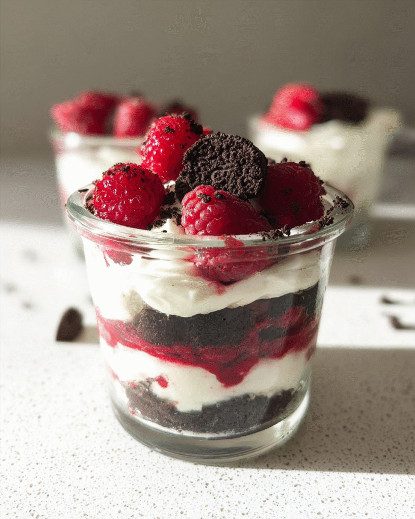 Himbeer Oreo Schichtdessert im Glas, mit frischen Himbeeren, Schokoladenkeks-Stückchen und cremigen Mascarpone-Schichten, im warmen Sonnenlicht serviert.
