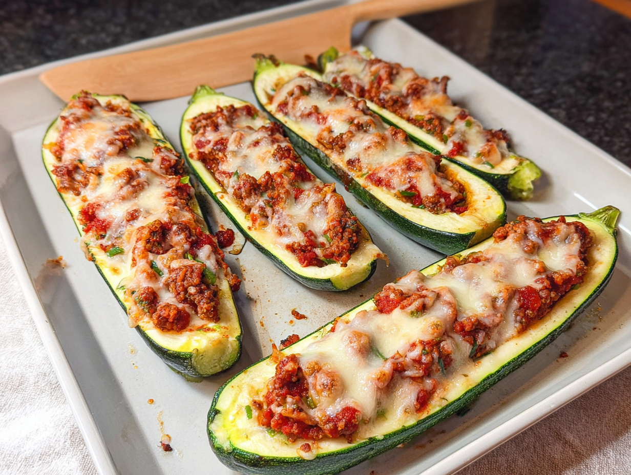 „Vier längs halbierte, ausgehöhlte Zucchini-Schiffchen, gefüllt mit würzigem Hackfleisch in Tomatensoße und mit geschmolzenem Käse überbacken, angerichtet auf einem hellgrauen Backblech.“
